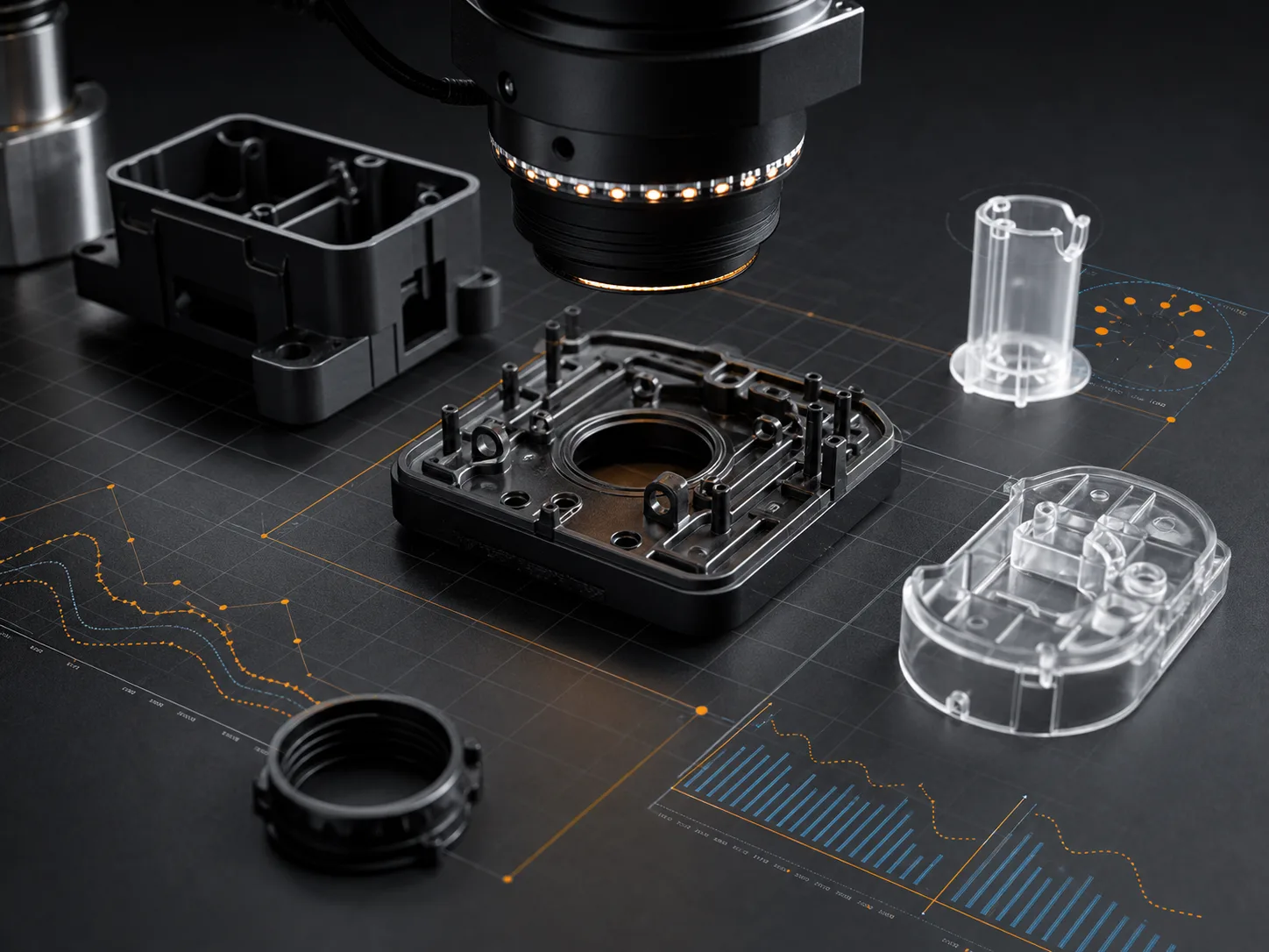 Close-up of fine molded features arranged for precision inspection